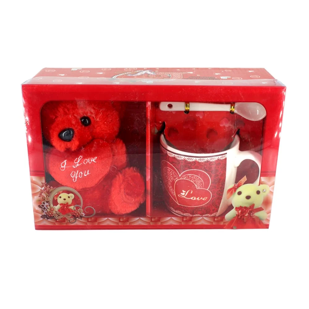 Taza de cerámica chica con estampado de corazones y cuchara + mini oso de peluche con corazón y frase i love you, variedad de colores / i love you / happiness forever
