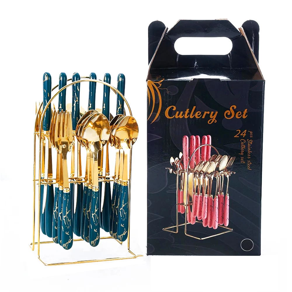 Juego de 24 cubiertos con mango efecto mármol, cucharas, cuchillos y tenedor + base metálica, variedad de colores / cutlery set / lu5889