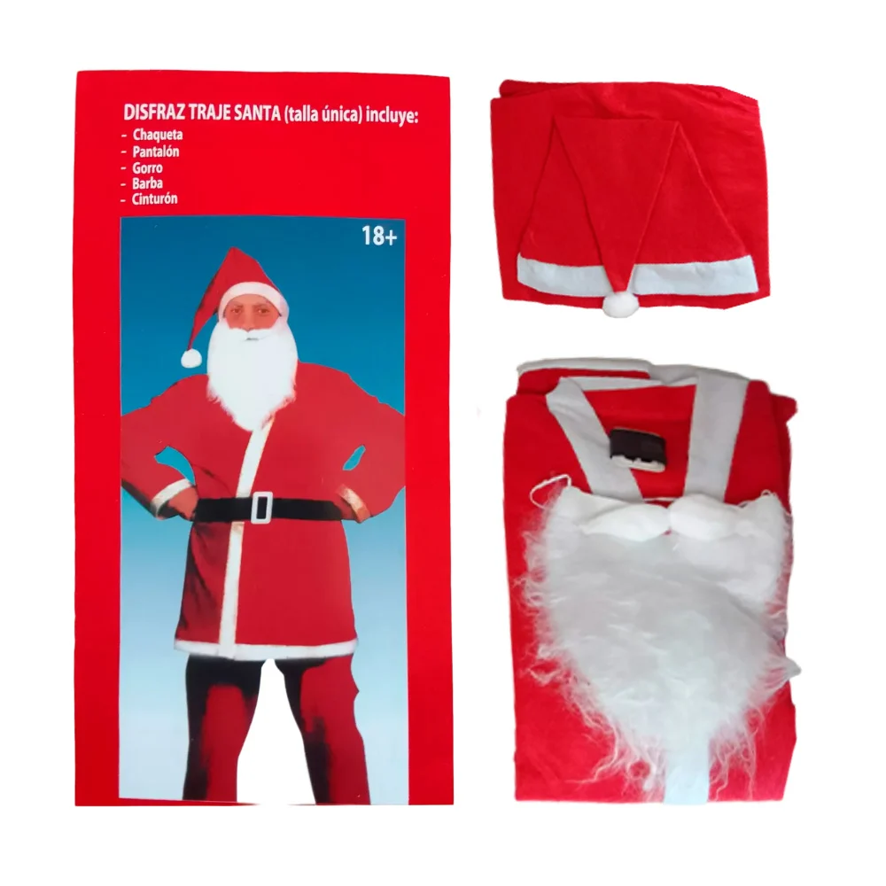 Paquete con disfraz de santa claus para adulto con camisa + pantalón, gorro, barba y cinturón / santa suit one size / lu5894