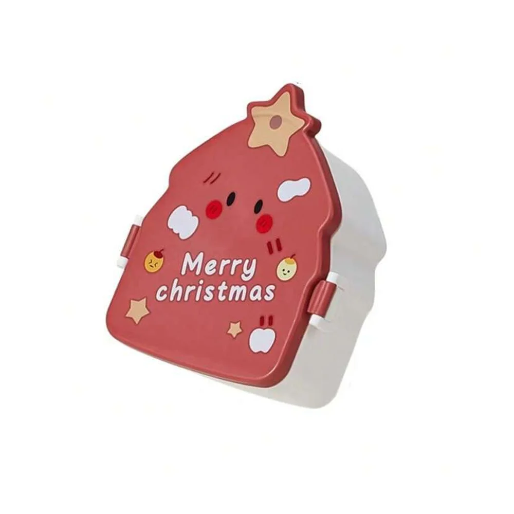 Tupper con diseño de árbol de navidad merry christmas de 2 compartimentos + cubiertos, variedad de colores / lu6673