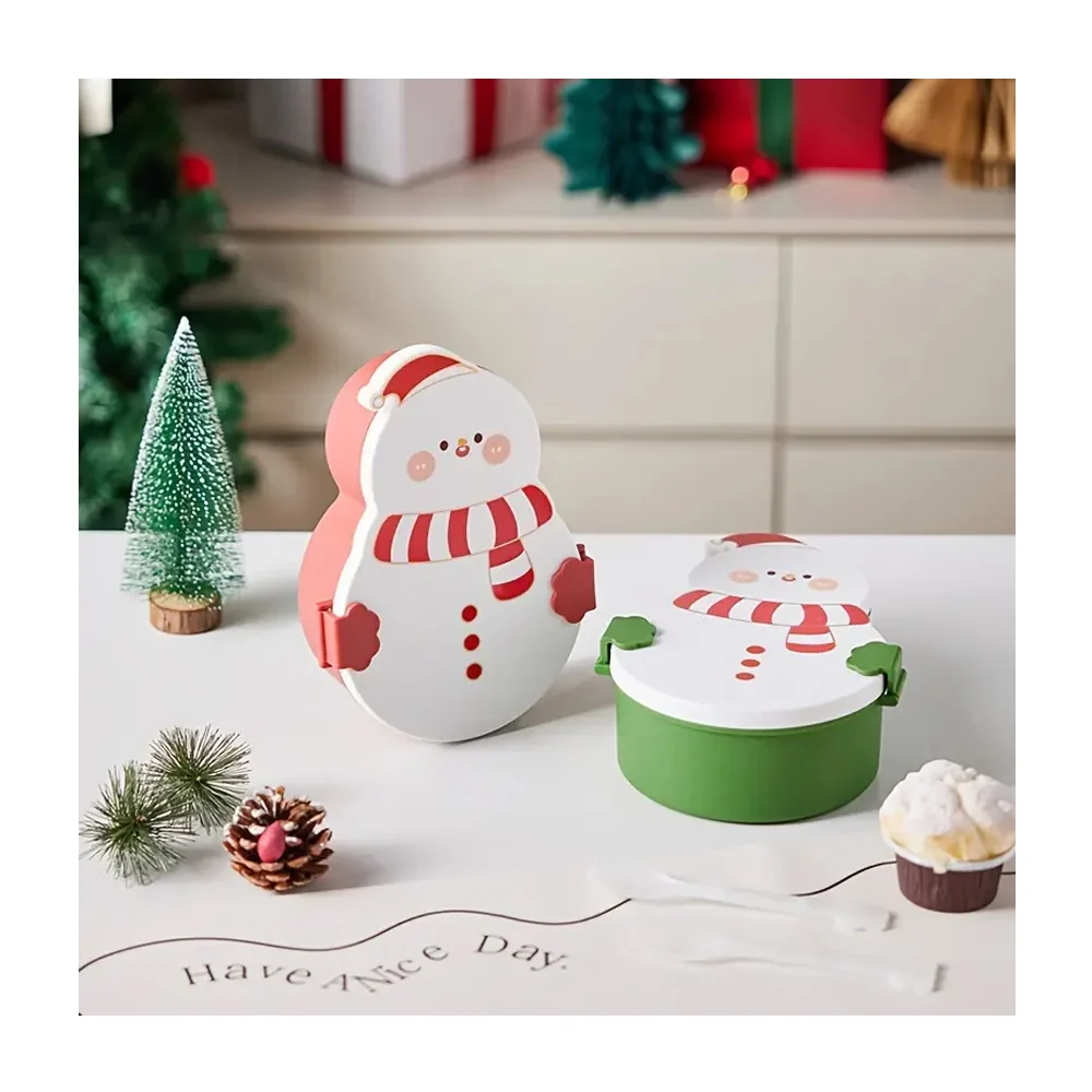 Tupper con diseño de muñeco de nieve de 2 compartimentos + cubiertos, variedad de colores / lu6674