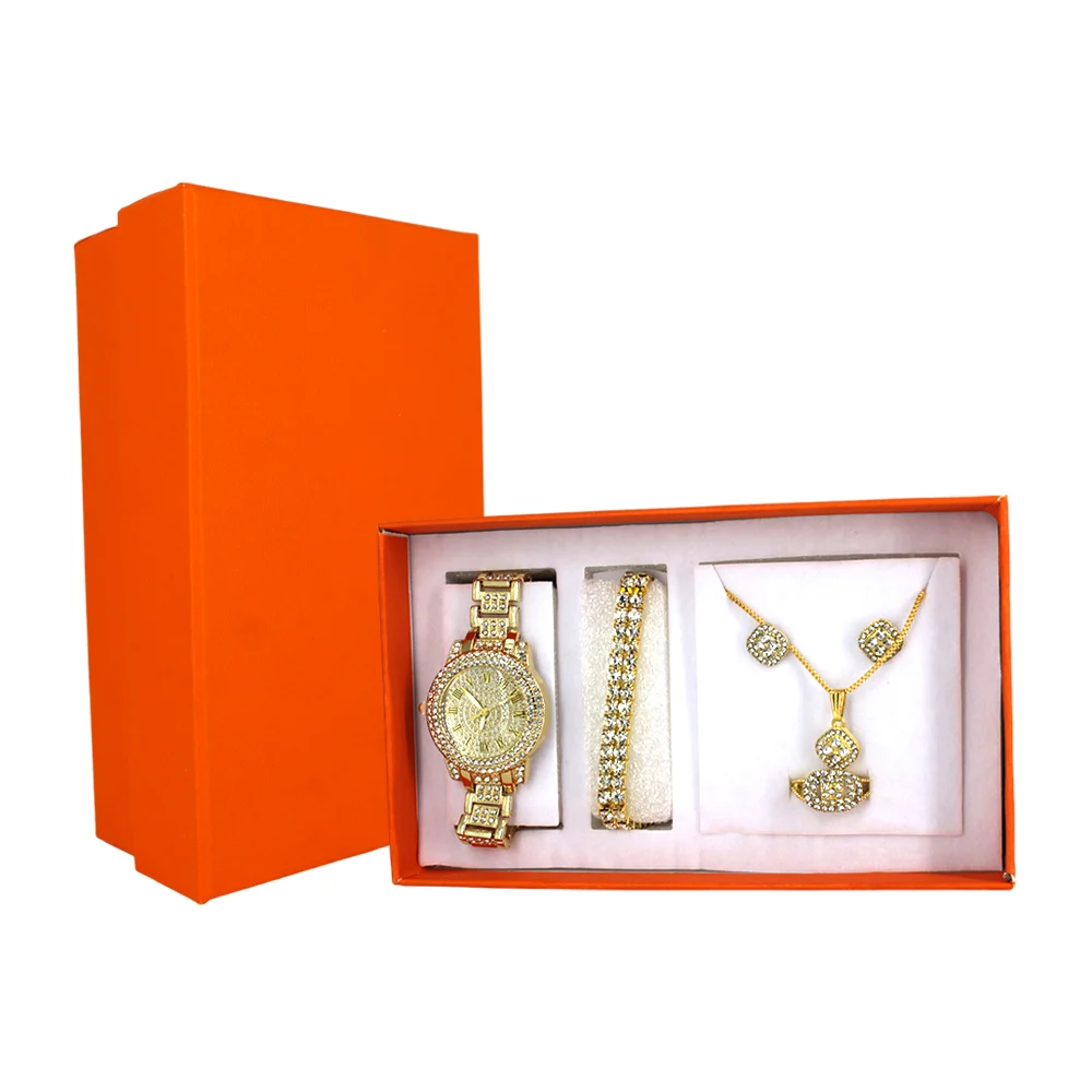 Caja de regalo estuche con reloj de mano + brazalete, collar con dije, aretes y anillo con decoración de pedrería para dama / lu6884
