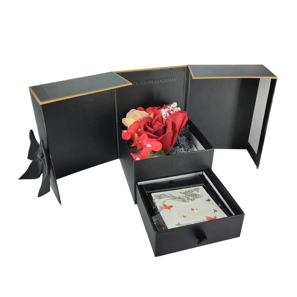 Caja de regalo alhajero con moño y decoración de rosas flores eternas artificiales + cadena collar con dije, variedad de colores / have a pabulous day