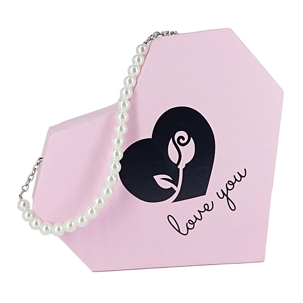 Bolsa de mano en forma de corazón + perlas, con 15 rosas eternas artificiales y cadena collar con dije, variedad de colores / love you / 810906 / lu7197