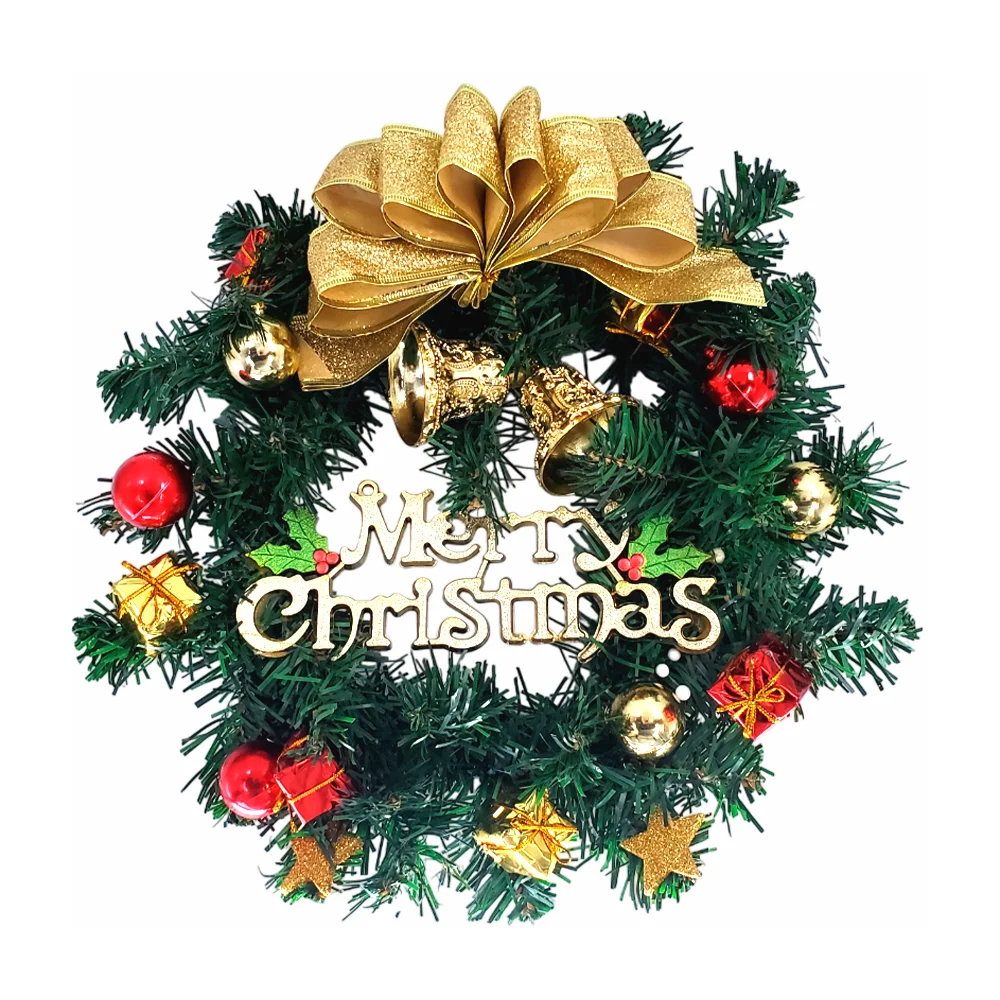 Corona navideña colgante para decoración de puerta con ramas de escarcha verde, esferas, moño y letrero de merry christmas, variedad de diseños / lu7003