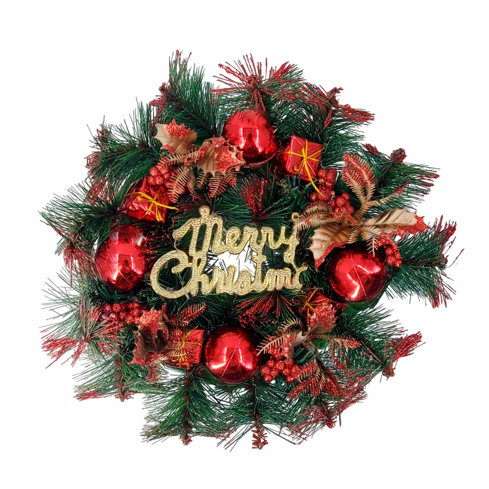Corona navideña de ramas verdes, esferas y letrero de merry christmas + tira de luz led para decoración de puerta / lu7004
