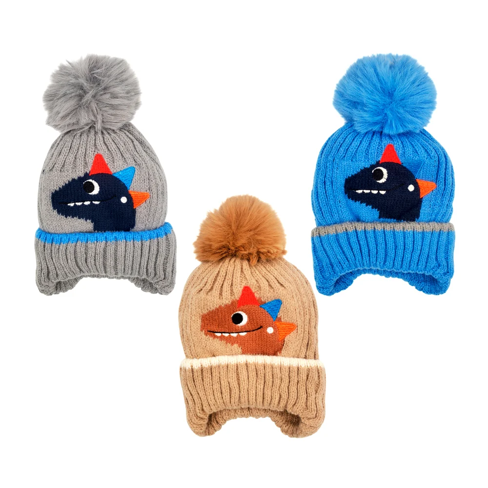 1pza Gorro infantil afelpado tipo tejido con pompón y diseño de dinosaurio, variedad de colores / lu7158