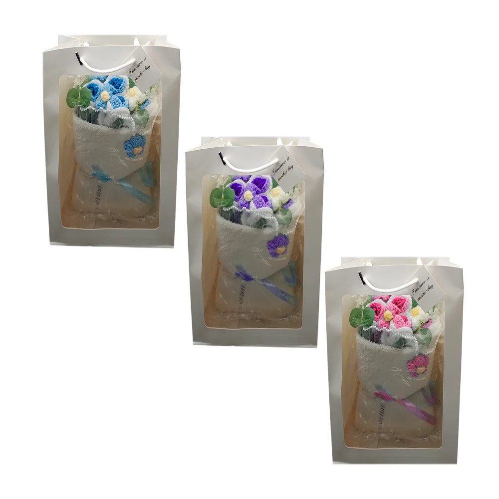 Bolsa de regalo con tira de luz led + ramo de flores tejidas y base en forma de copa, variedad de colores / just for you / lu7194