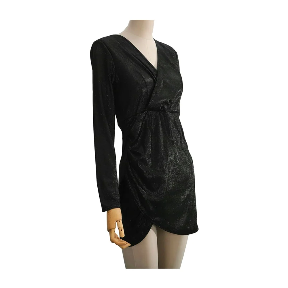 Vestido de manga larga en color negro con brillos y escote en forma de V / lu7414