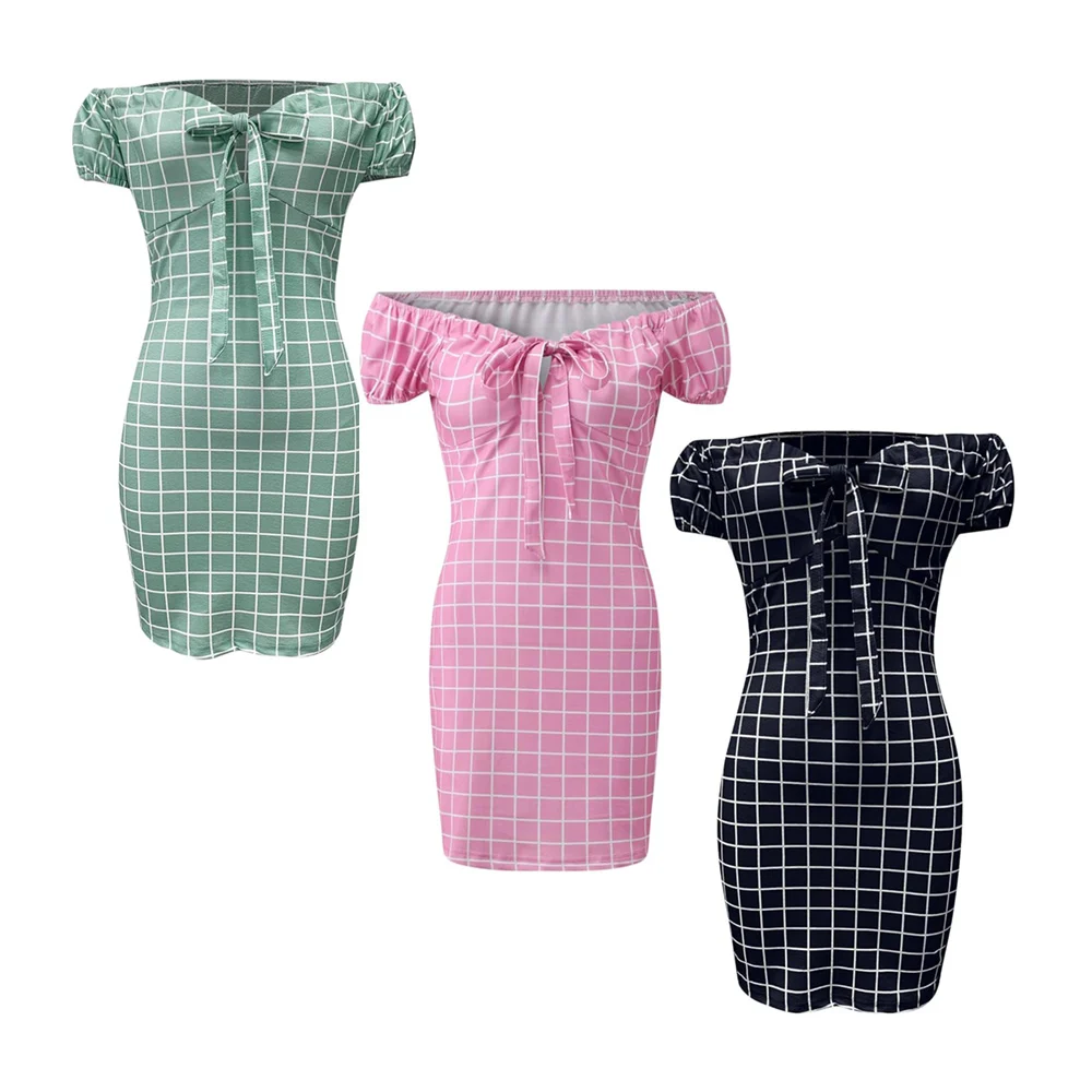 Vestido corto con escote cuadrado, lazo en el centro y estampado de cuadros, variedad de colores / lu7416 / lu7417