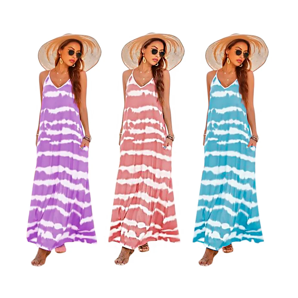 Vestido largo de tirantes con corte v y estampado de rayas, variedad de colores / lu7418
