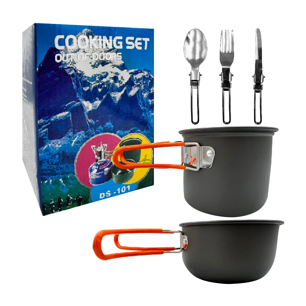 Set utensilios de cocina para camping con 2 ollas pequeñas metálicas, cuchara, tenedor y cuchillo plegables, variedad de usos / lu7475 / ds-101