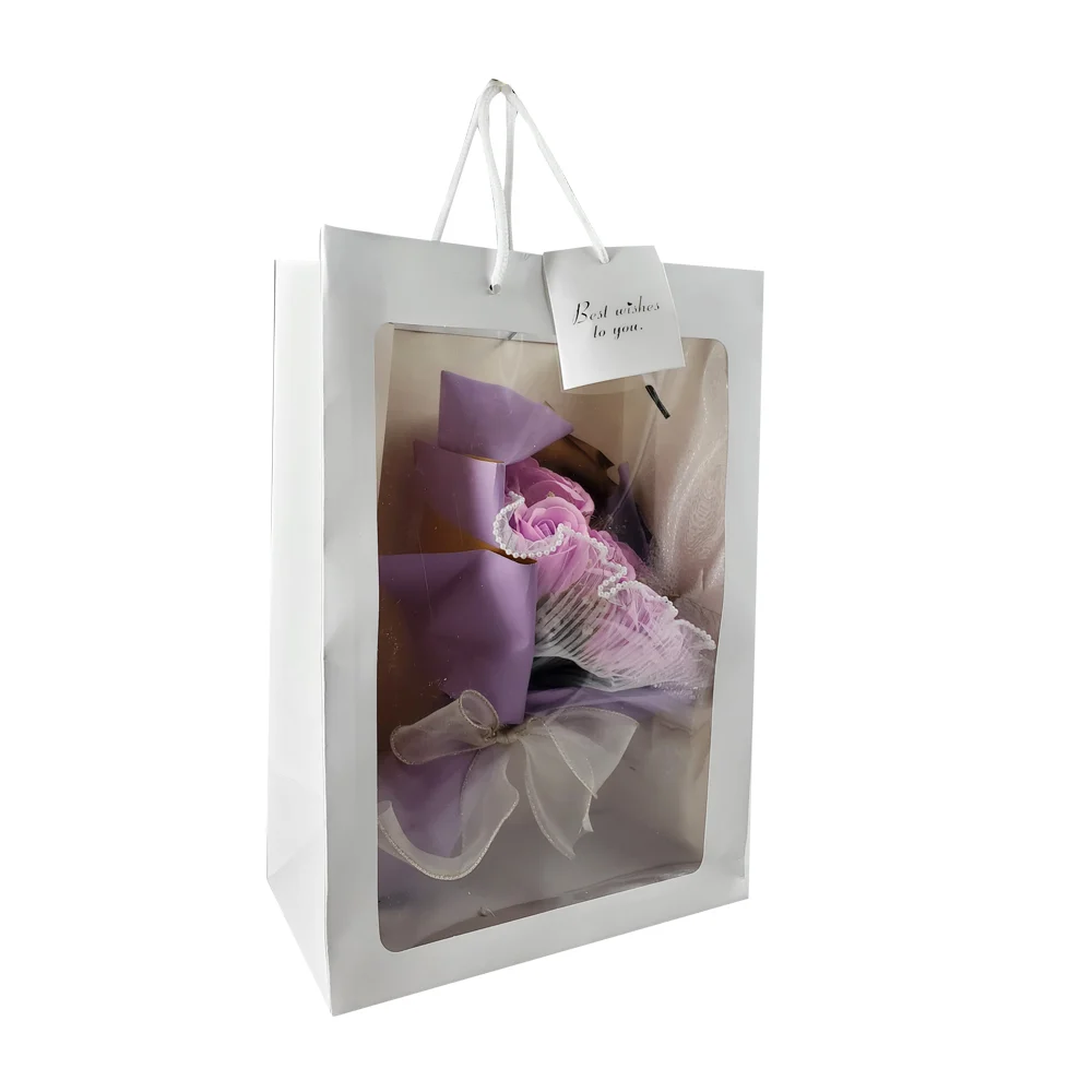 Bolsa de regalo con ramo de 11 rosas artificiales con perlitas y listón brilloso / best wishes to you / lu8548