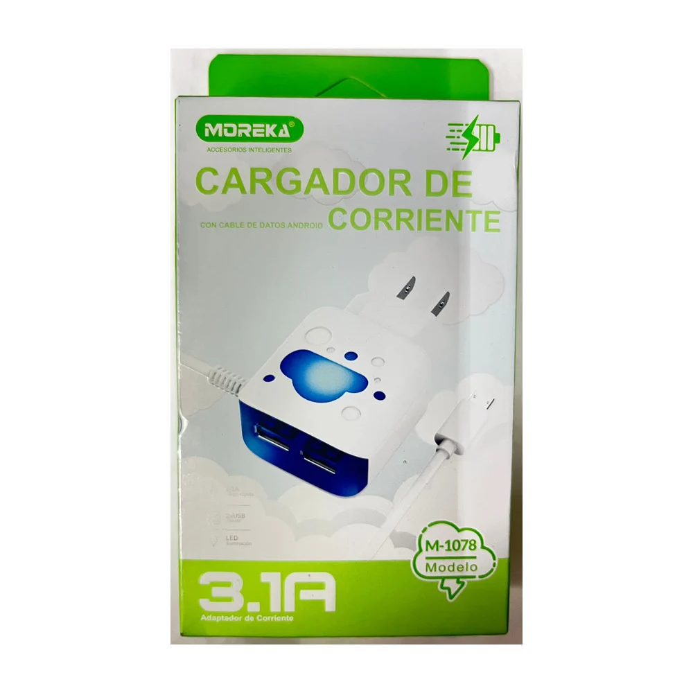 Combo cargador moreka con entrada tipo v8 con doble puerto usb de carga y luz led 3.1a / m-1070.v8