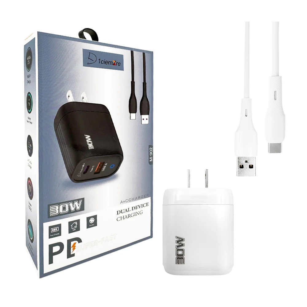 Blíster cargador de carga rápida, con cable tipo c y cubo con entradas usb y tipo c, variedad de colores / 30w / m-902