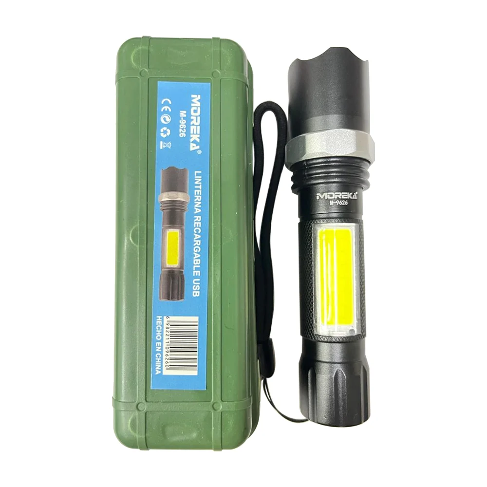 1pza Linterna recargable, de mano, moreka, con asa agarradera, modos de iluminación y leds laterales, variedad de funciones / m9626