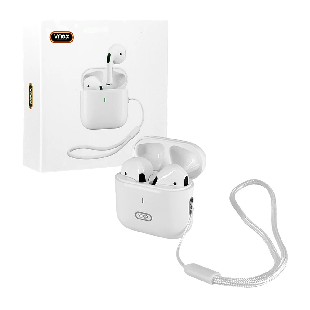 Audífonos inalámbricos blancos tipo earbuds con sensor táctil, estuche de carga pequeña y correa / m30 / vmex / 545249
