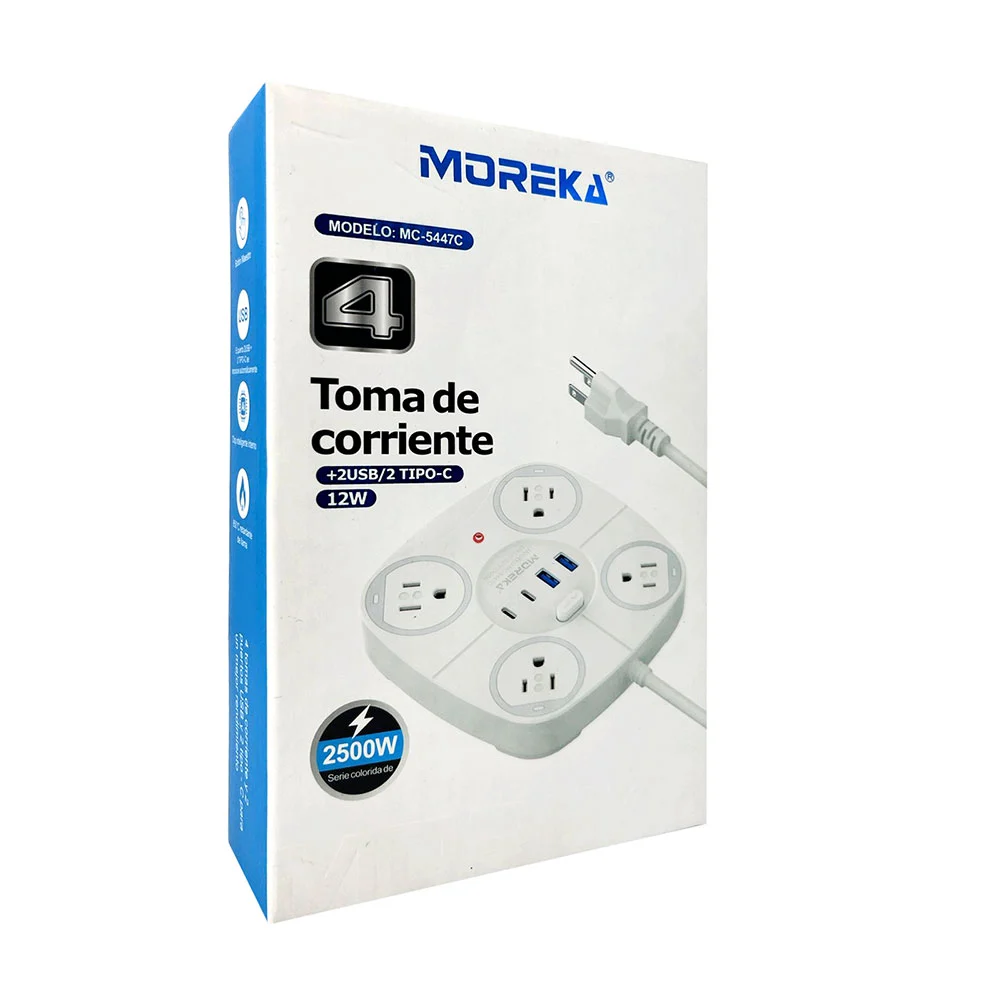 Barra multicontacto cuadrado moreka con 4 tomacorrientes, 2 puertos usb-c y 2 puertos usb / 701577