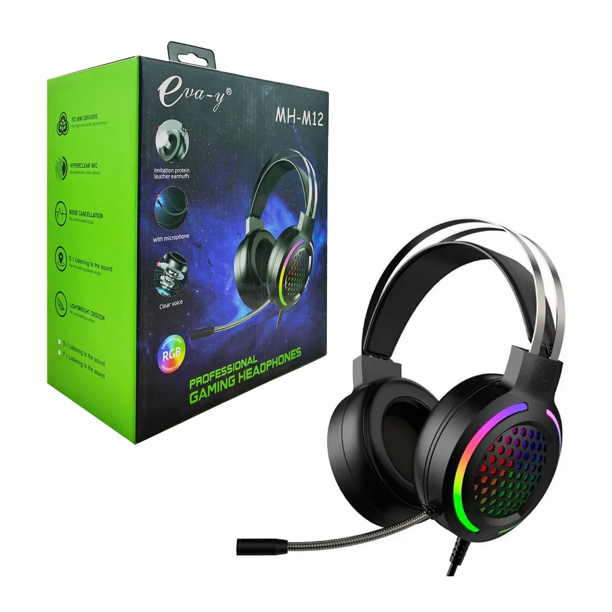 Audífonos de diadema gamer con cable de alimentación auxiliar, luz rgb y micrófono / eva-y / professional gaming headphones / mh-m12
