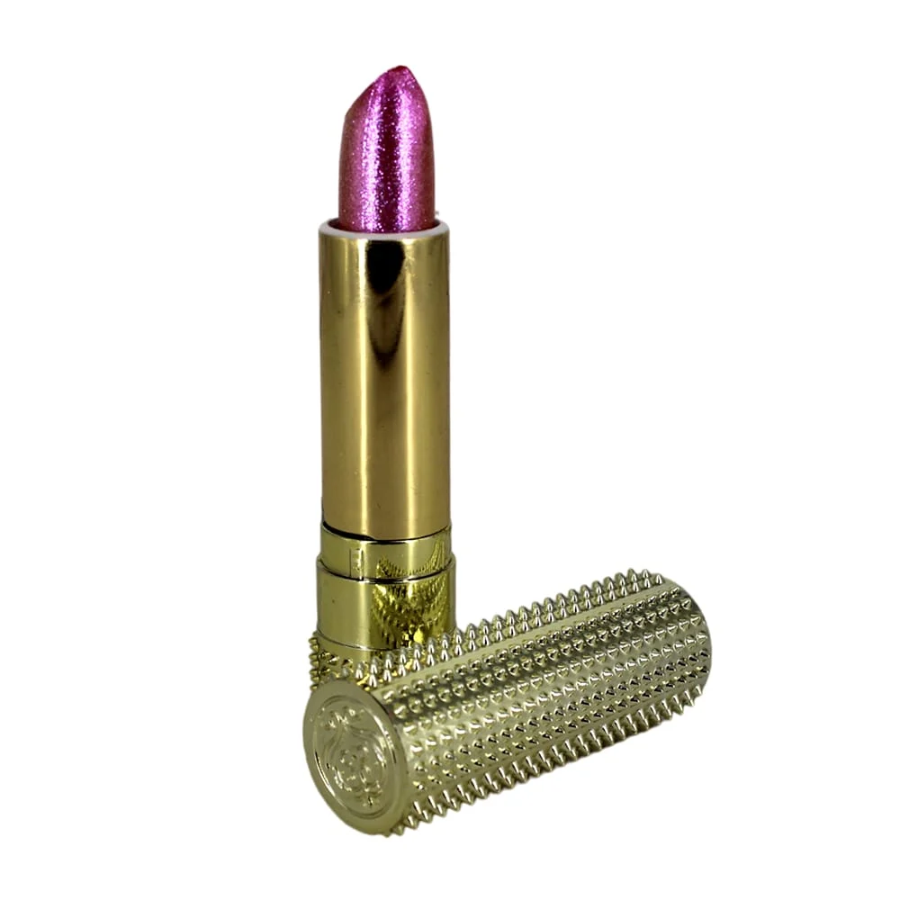 1pza Labial lip stick moc mallure con glitter tipo polvo de hadas + envase dorado con relieve tipo puas, variedad de colores / moc238