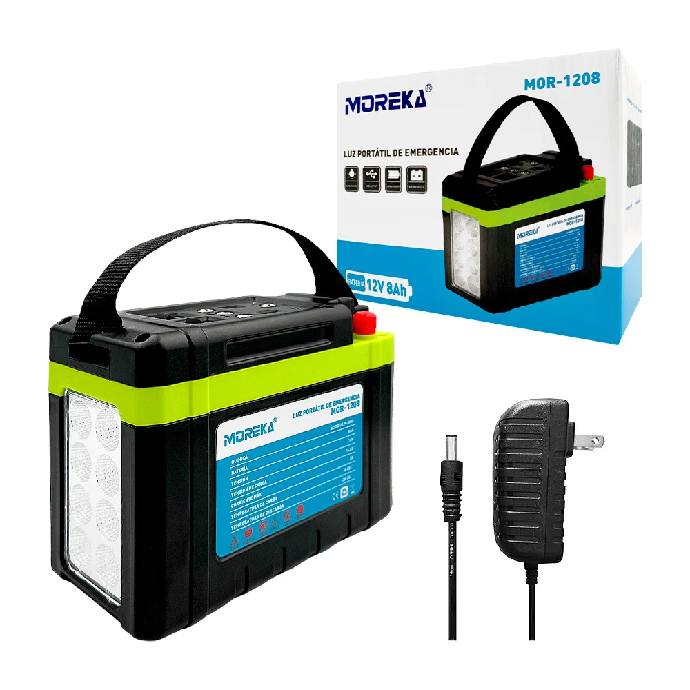 Lámpara luz de emergencia portátil de 8 leds, batería de 12v 8Ah, 2 interruptores, puertos usb, salidas de 12v, cátodo y anodal, cargador eliminador incluido / mor-1208