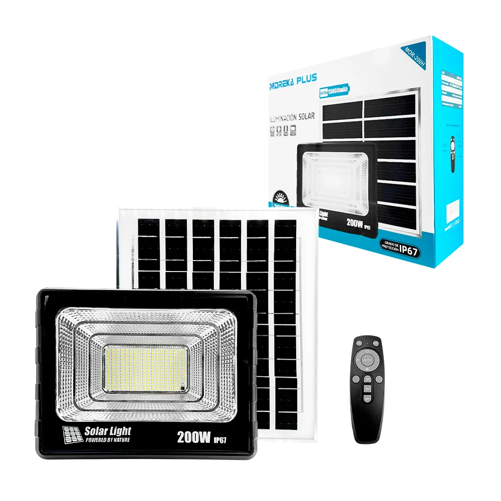 Sistema de iluminación solar de 200w con lámpara - reflector led, panel solar y control remoto, protección ip67, 15000mAh / mor-200h