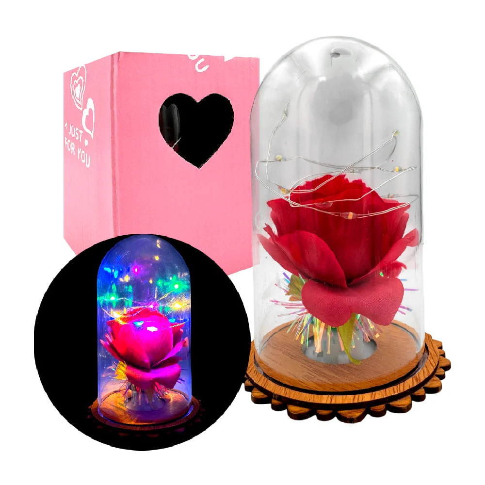 Rosa pequeña encapsulada, con tira led y base de madera, variedad de colores / mqj-71