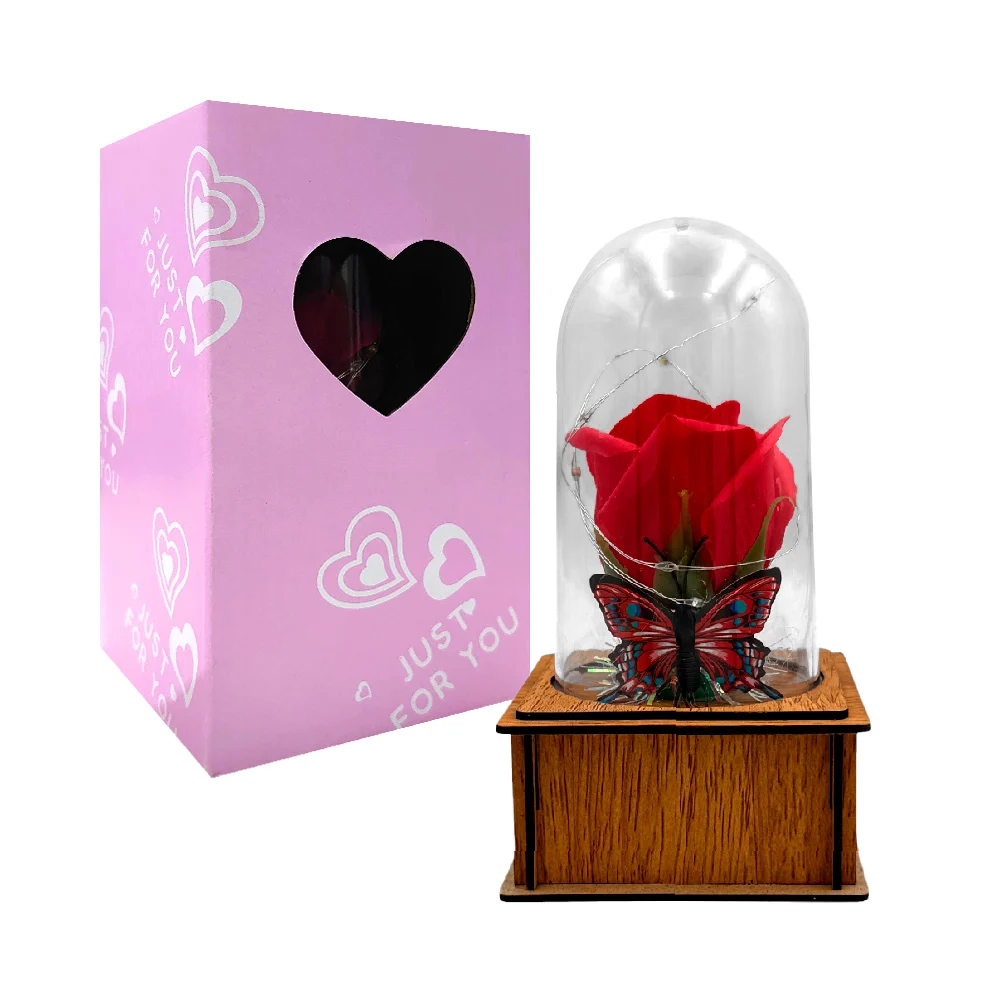 Rosa encapsulada, con tira led, figura de corazón y base de madera / mqj-72