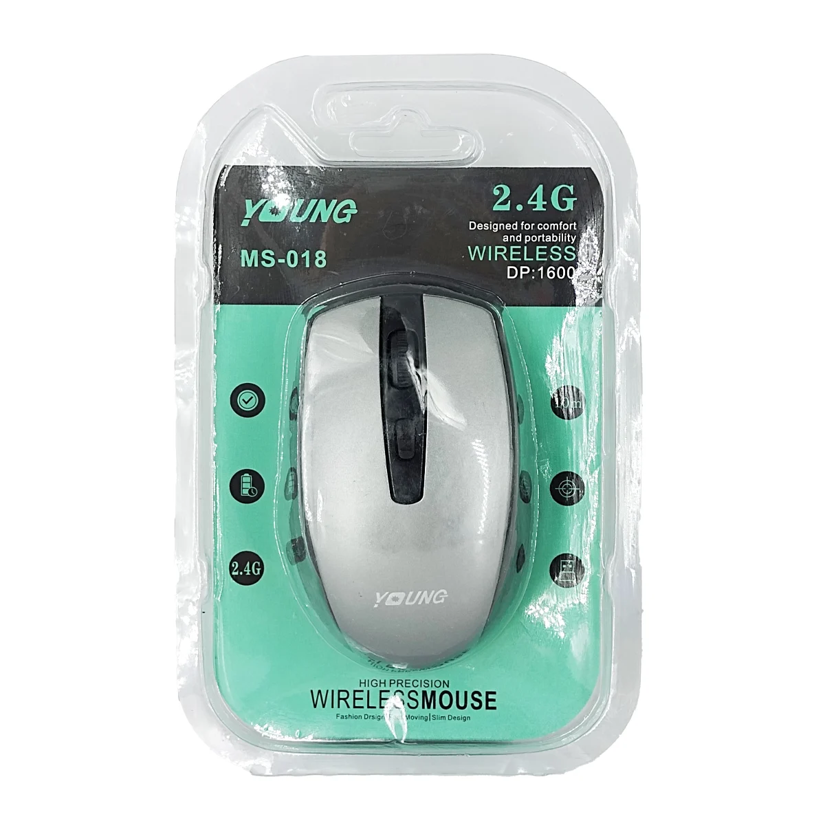 Mouse inalámbrico young de color plateado con negro, 2.4g, dp 1600 y alcance de 10m / ms018