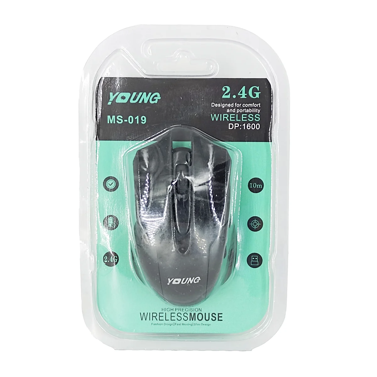 1pza Mouse / ratón inalámbrico, con diseño ergonómico, puntiagudo y receptor usb, variedad de funciones / ms019 / young / 2.4g