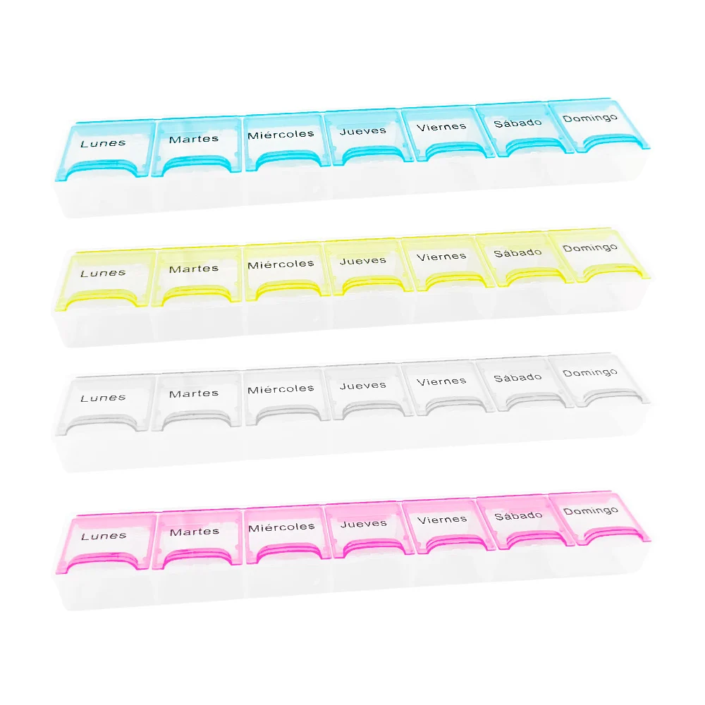 Estuche pastillero de plástico translúcido con 7 compartimentos y estampado de días de la semana, variedad de colores / mt1093