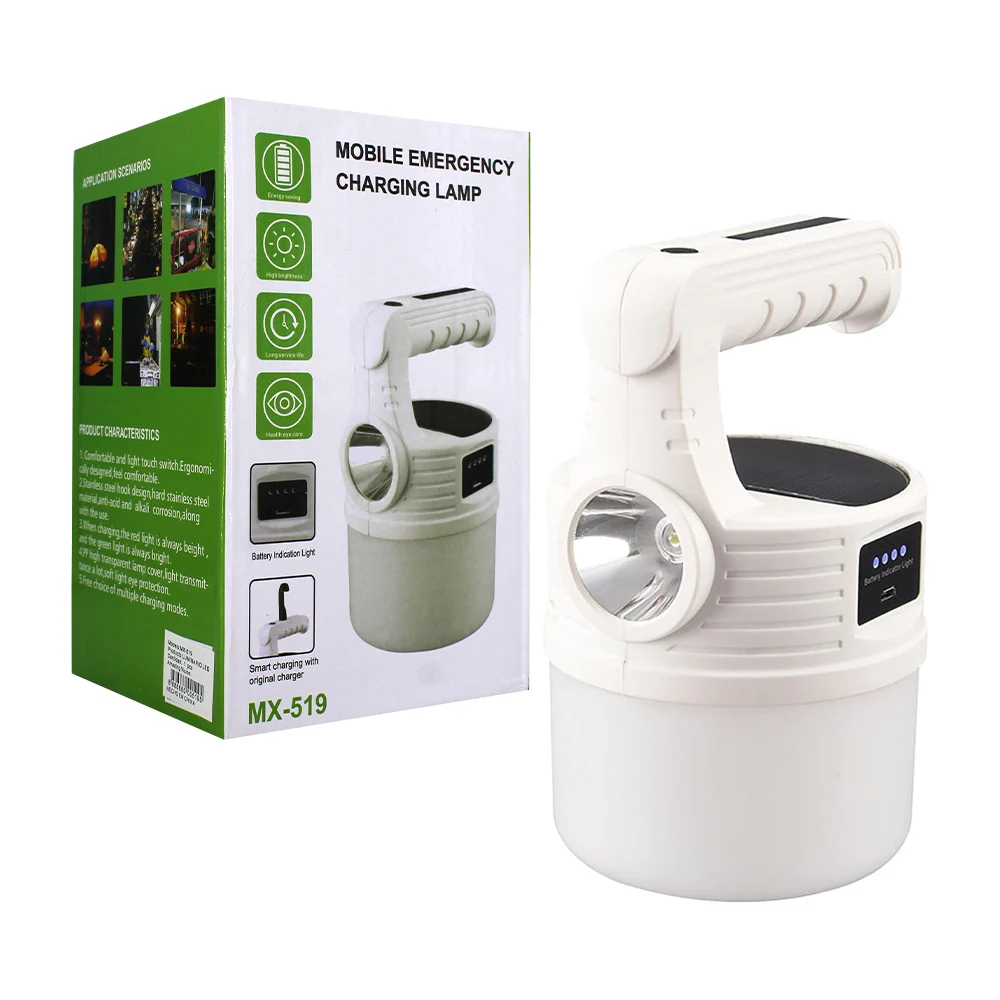 Lámpara linterna de emergencia para campamento recargable con panel solar y cable de carga con marcador de batería / Mobile emergency charging lamp / mx-519