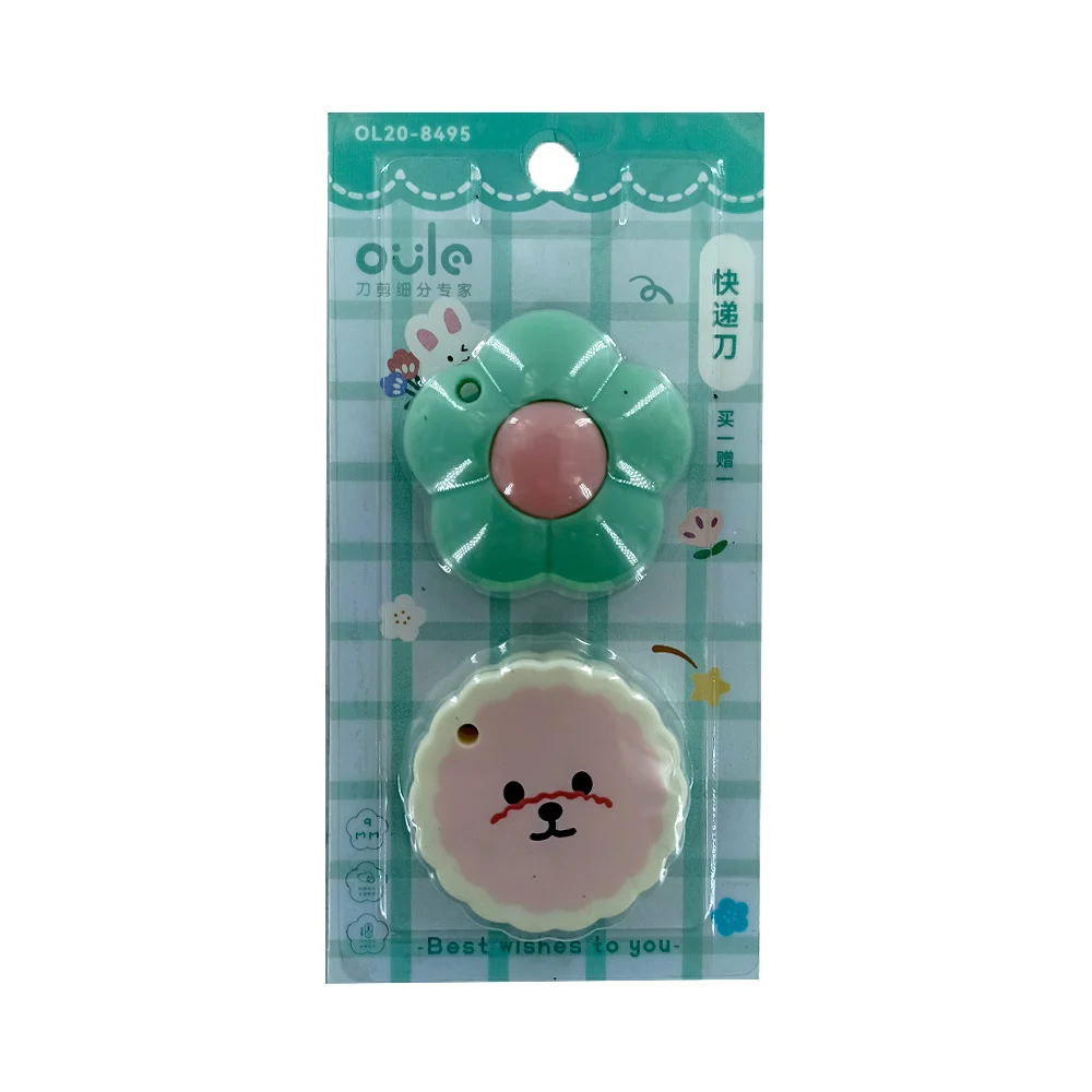 Blíster con 2 mini navajas cutters retráctiles oulo con diseño de flor y animal kawaii / ol20-8495