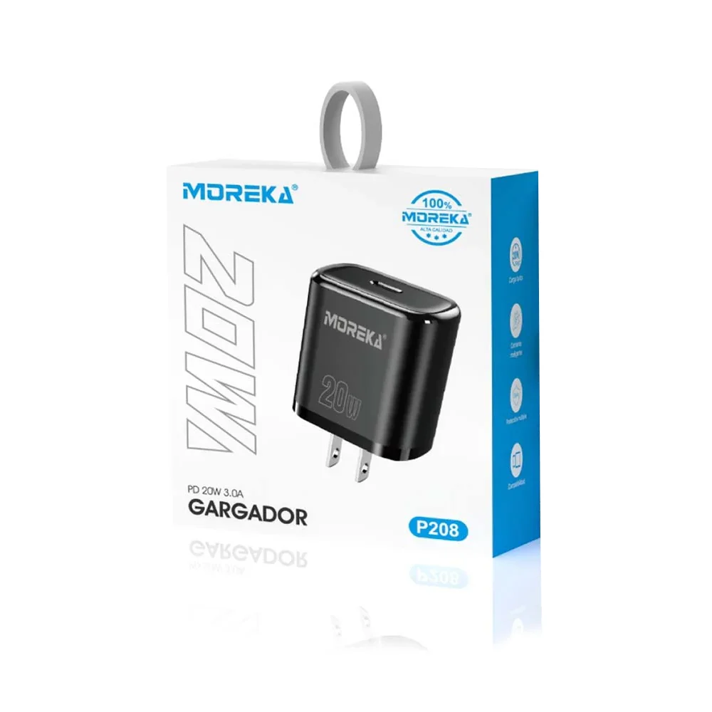 Cubo cargador moreka con entrada usb-c y carga rápida de 20w a 3.0a / p208