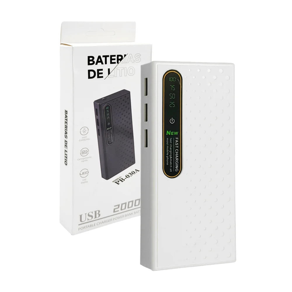 1pza Batería portátil / powerbank cuadrada de 20000 mah con 3 entradas usb, entrada v8 y lamparita led, variedad de colores / pb-030a