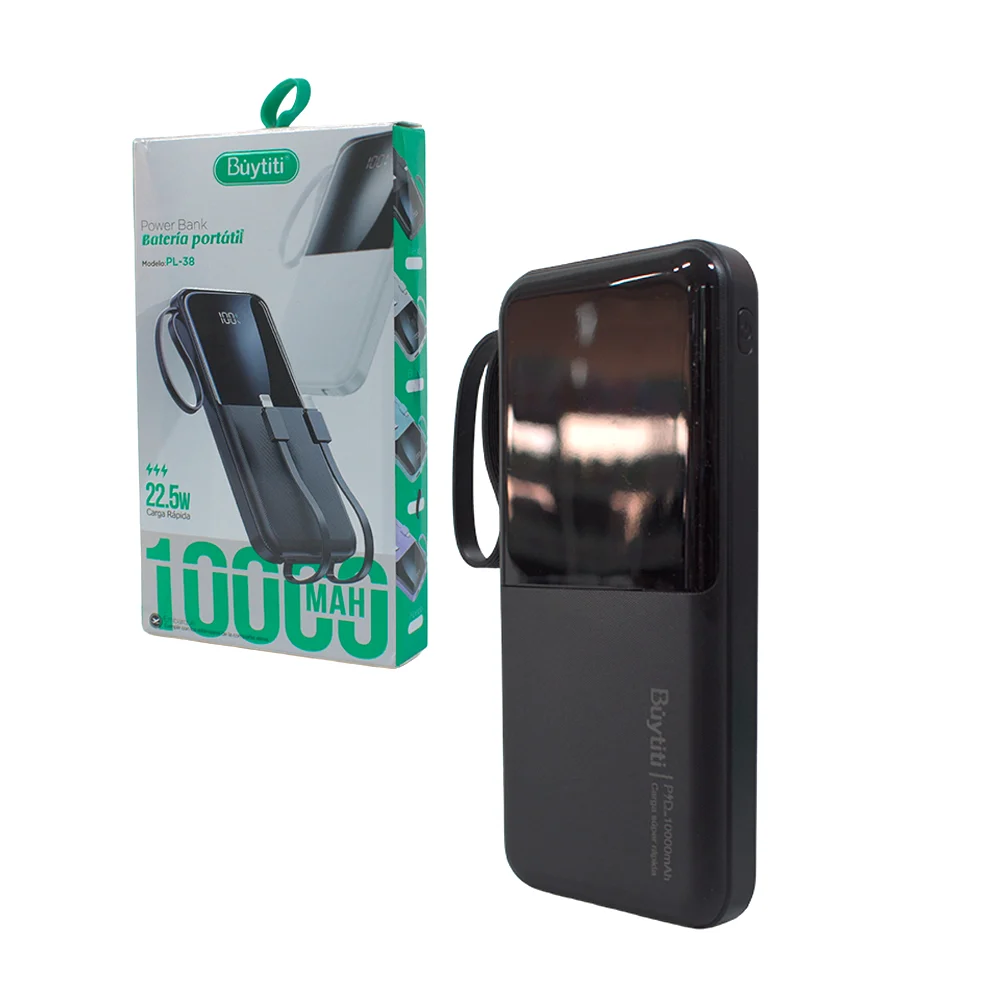 Power bank / batería portátil de 10000mah buytiti con 2 cables tipo c y lightning con indicador de batería y carga rápida, variedad de colores / pl-38