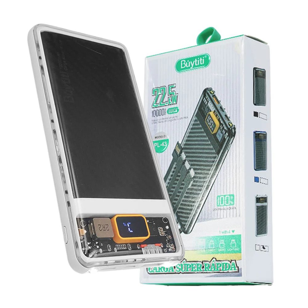 Power bank / batería portátil de 10000mah buytiti con cuatro entradas usb, tipo c, lightning, v8, carga rápida, pantalla digital y tapa semi transparente, variedad de colores / pl-43