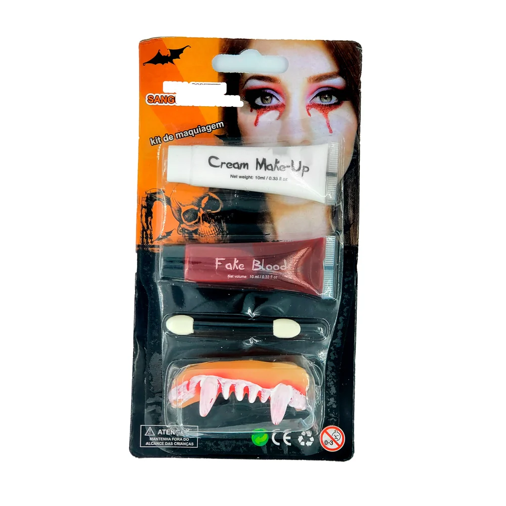 Blíster de maquillaje de halloween con crema de 10ml, sangre falsa de 10ml, brocha y colmillos de vampiro / pt10643
