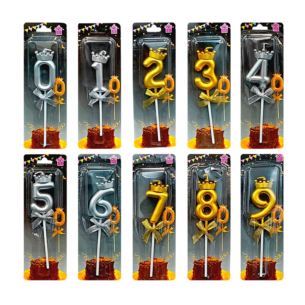 1PZA Vela de cumpleaños en forma de números con corona y moño en color metálico, variedad de colores y números / pt10811
