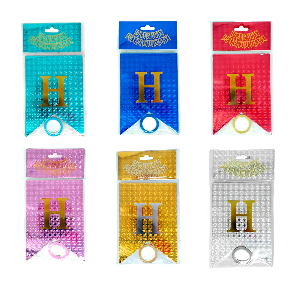 Banderín happy birthday con diseño holográfico tipo círculos, variedad de colores / pt10841