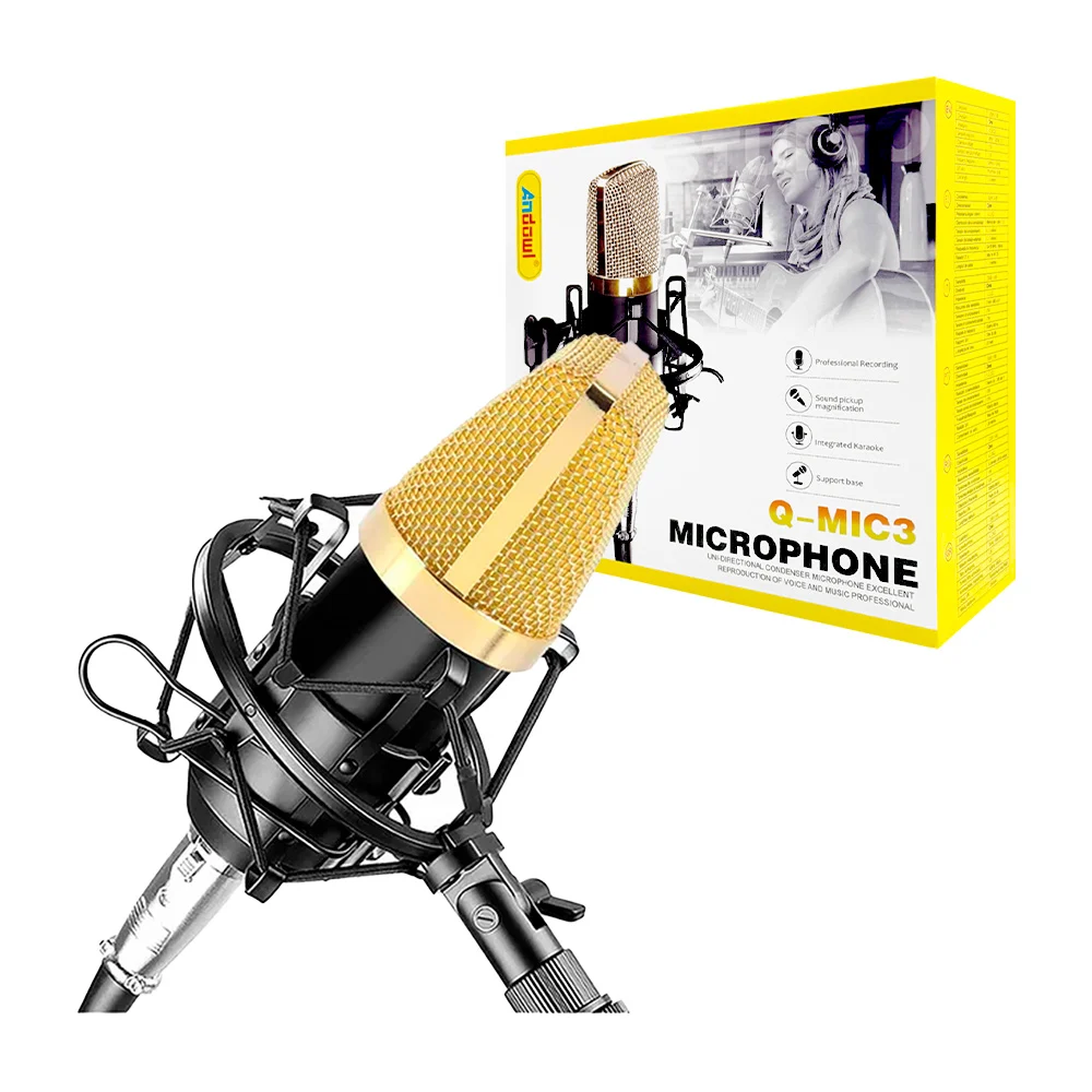 Micrófono condensador profesional andowl con soporte para estudio de grabación / microphone / q-mic3