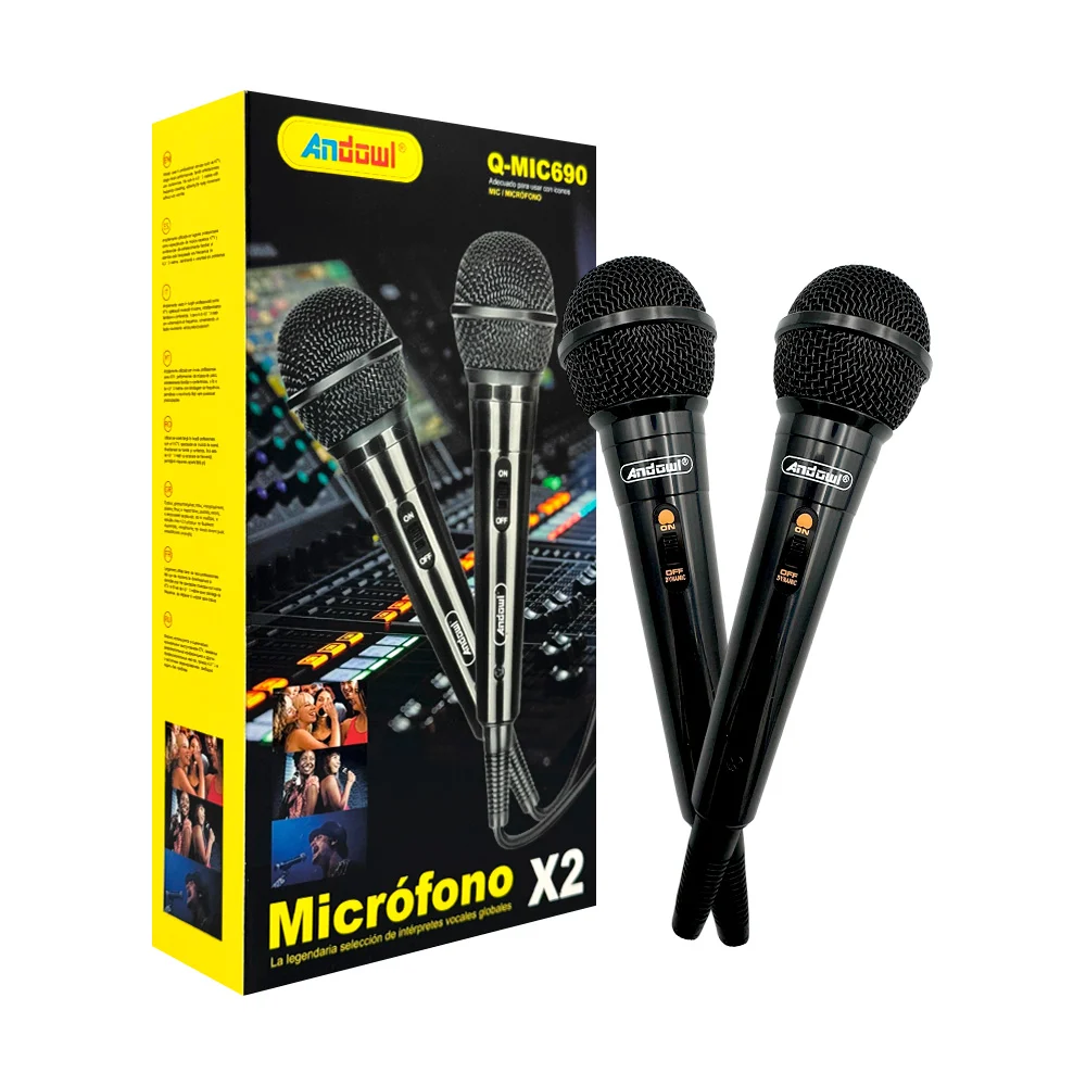Juego de 2 micrófonos alámbricos andowl para karaoke, 4.0x3m / microphone x2 / q-mic690