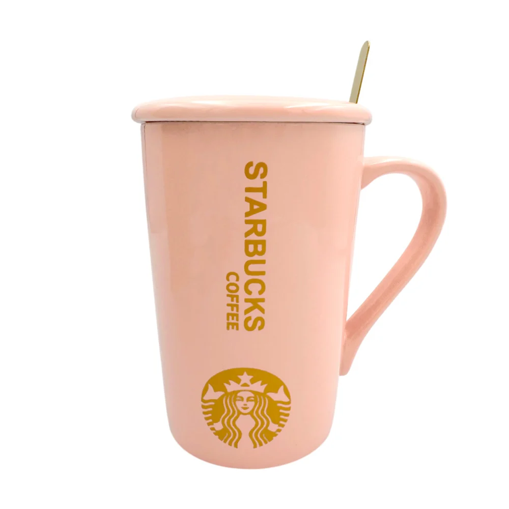 Taza de cerámica con estampado de starbucks coffee, tapa, cuchara y capacidad de 500ml aprox, variedad de modelos y colores / q124 / q148