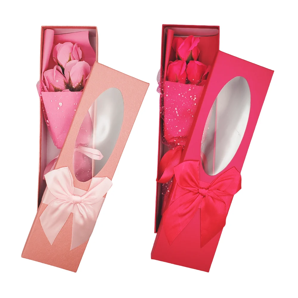 Caja rectangular con moño y ramo de 5 rosas artificiales, variedad de colores / qr-326
