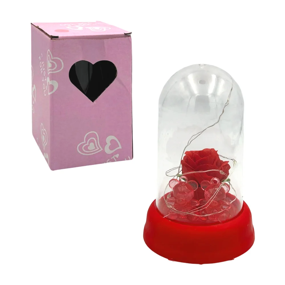 Rosa pequeña encapsulada con tira de luz led y 2 figuras de osos, 13cm, variedad de colores / qr-367