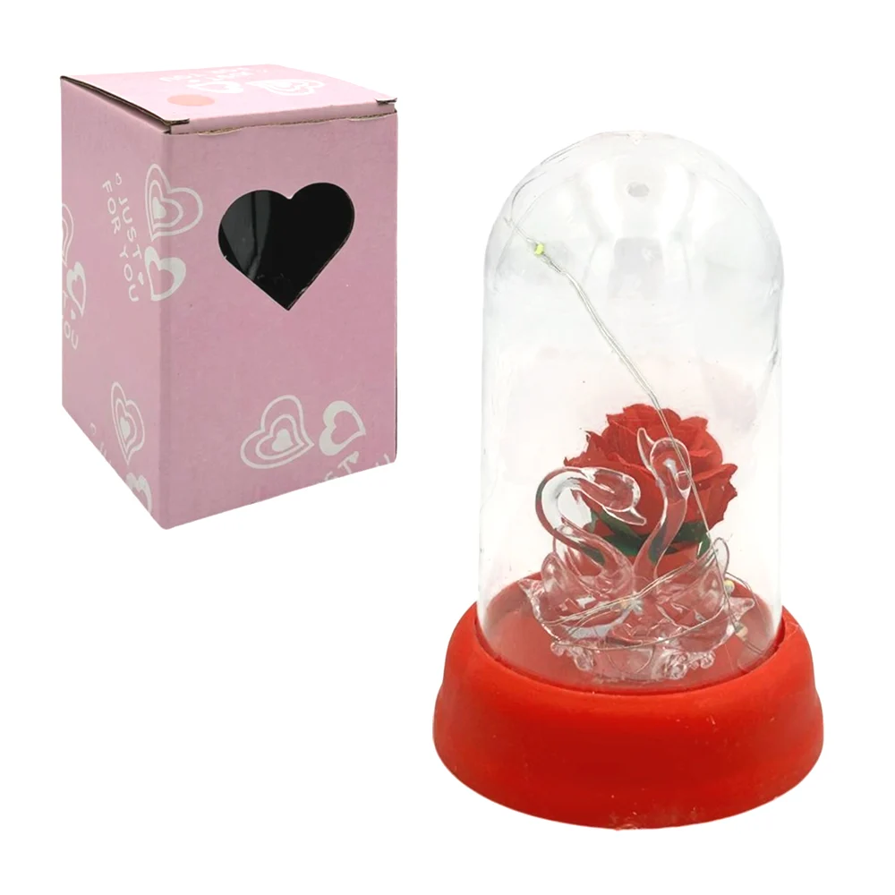 Rosa pequeña encapsulada con tira de luz led y 2 figuras de cisnes, 13cm, variedad de colores / qr-368
