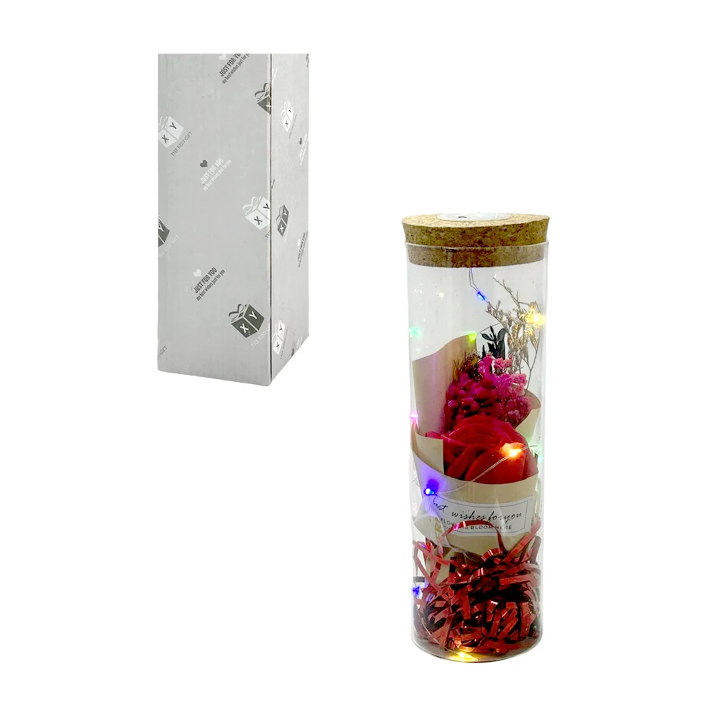 Frasco decorativo, de cristal - vidrio, transparente, con un ramo de flores, tapadera tipo corcho y tira led, variedad de colores / best wishes for you