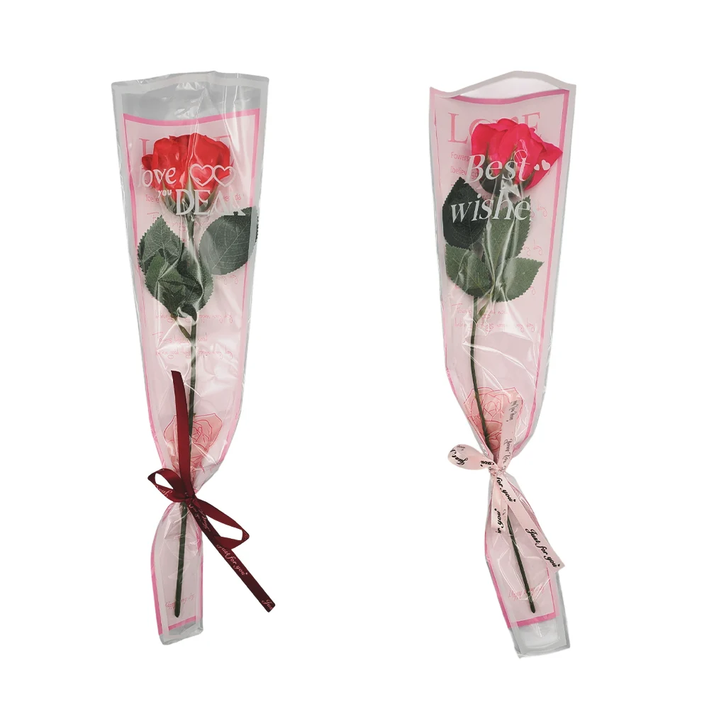 1pza Rosa artificial con 4 hojas + moño de listón con frase just for you, variedad de colores / best wishes / love you dear