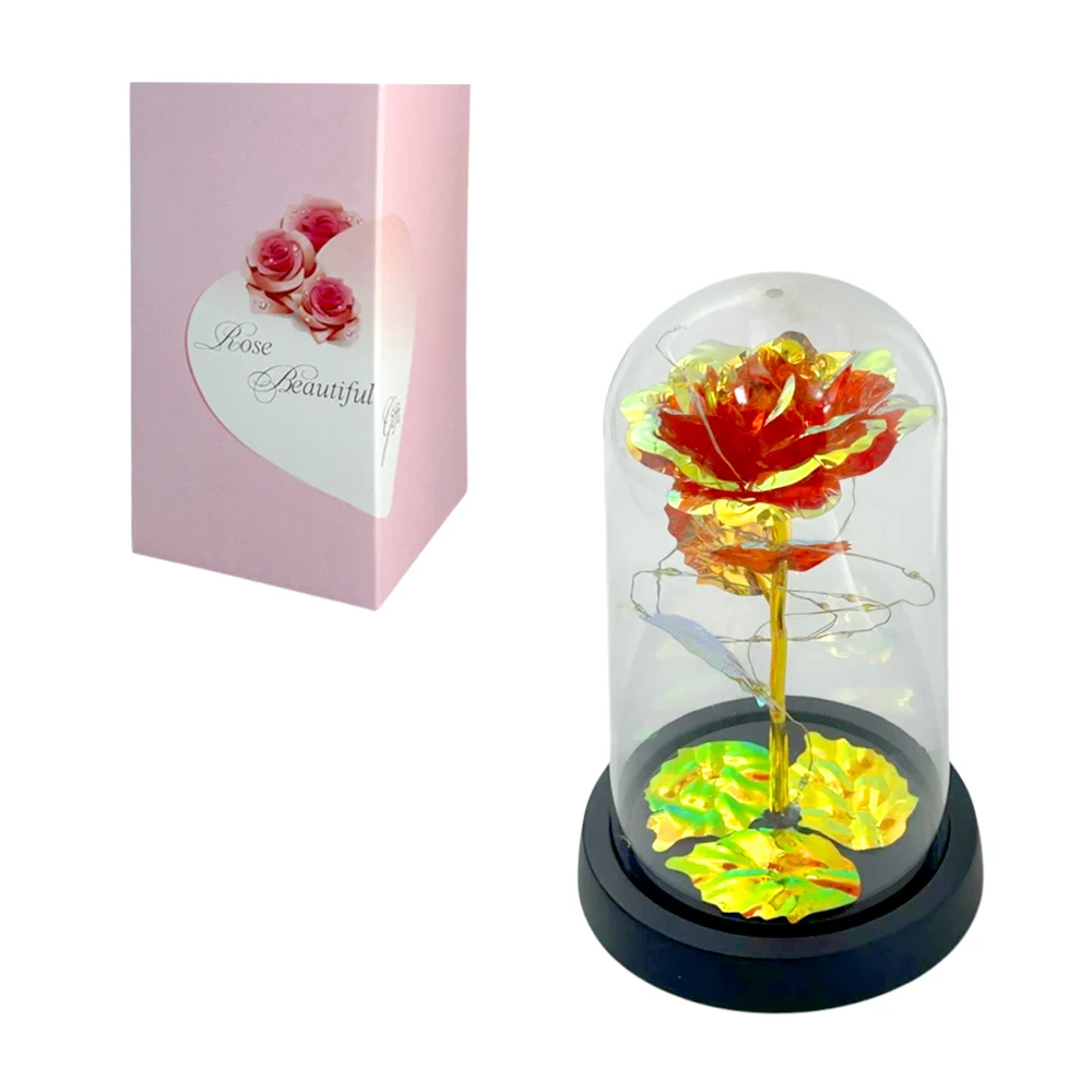 Rosa tornasol encapsulada con tira de luz led y pétalos en el fondo, 22cm, variedad de colores / rose beautiful gift / qr-662