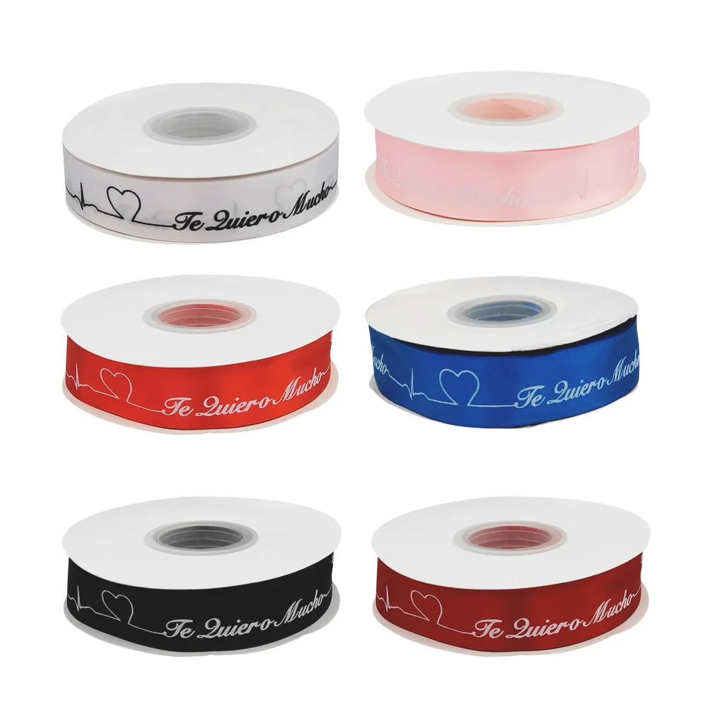1pza Rollo listón satinado con frase te quiero mucho y 2.5cm de ancho, variedad de colores / qr-638